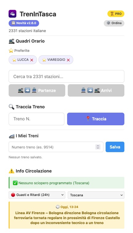 Screenshot dell'app TrenInTasca